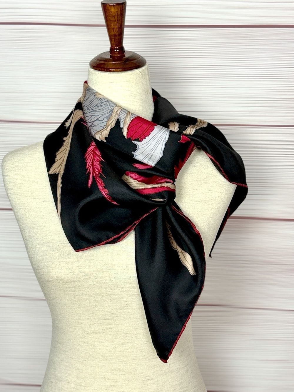 DA MAREN Silk Scarf Phoenix Fantasy Bird Black Pink Fuchsia Beige Hand Rolled - Picture 5 of 9